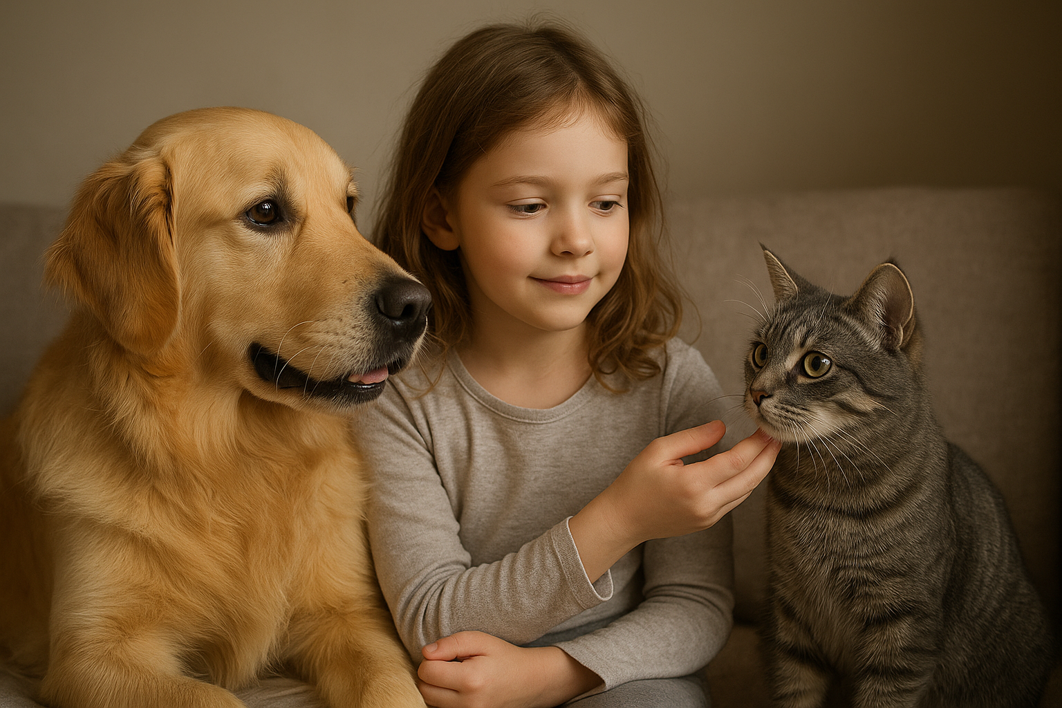Pets em harmonia com criança no lar multiespécie.